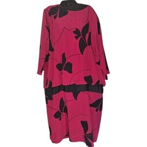 Vintage 80s O’Bryan Blouson Dress Size 20 Drop Waist Pink Black Floral Print